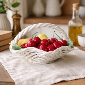 Vintage Italian Porcelain Fruit Basket Capodimonte Style Cherries Banana Decor